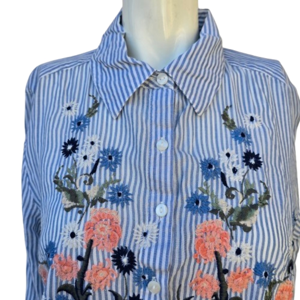 Style & Co. Striped Floral Embroidered Button-Up Shirt Sz M - Picture 4 of 8
